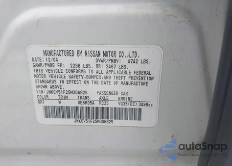 2005 Infiniti G35X from USA, damaged, VIN JNKCV51F25M306825
